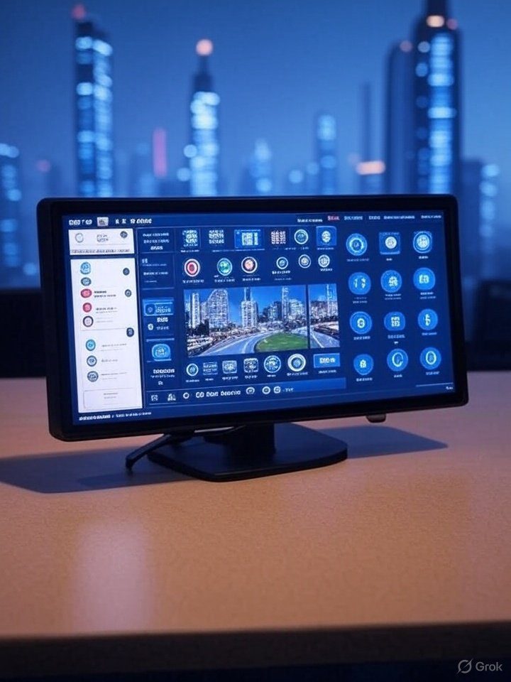 Una pantalla de computadora que muestra una aplicación de paisaje urbano con íconos y opciones, sobre un escritorio, con vista al horizonte de una ciudad de noche a través de una ventana.