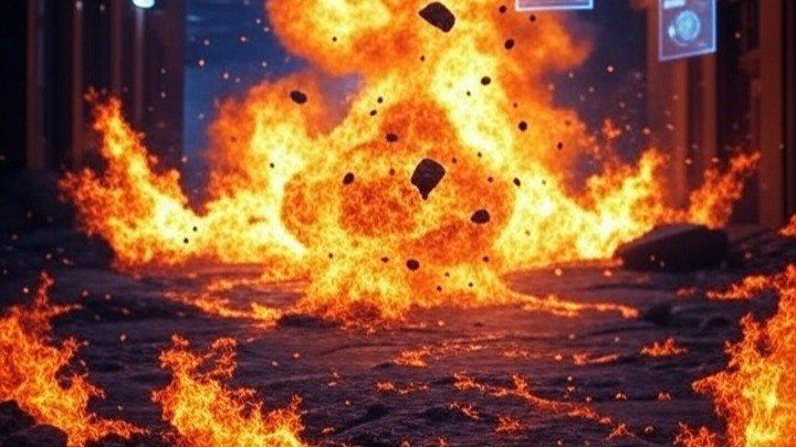 Explosión en una calle de la ciudad, con fuego y escombros en el aire.
